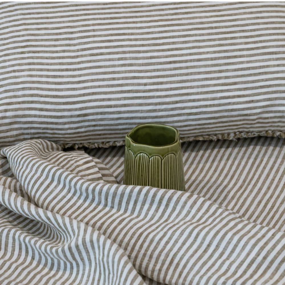 French Linen Fitted Sheet - Olive Pencil Stripe