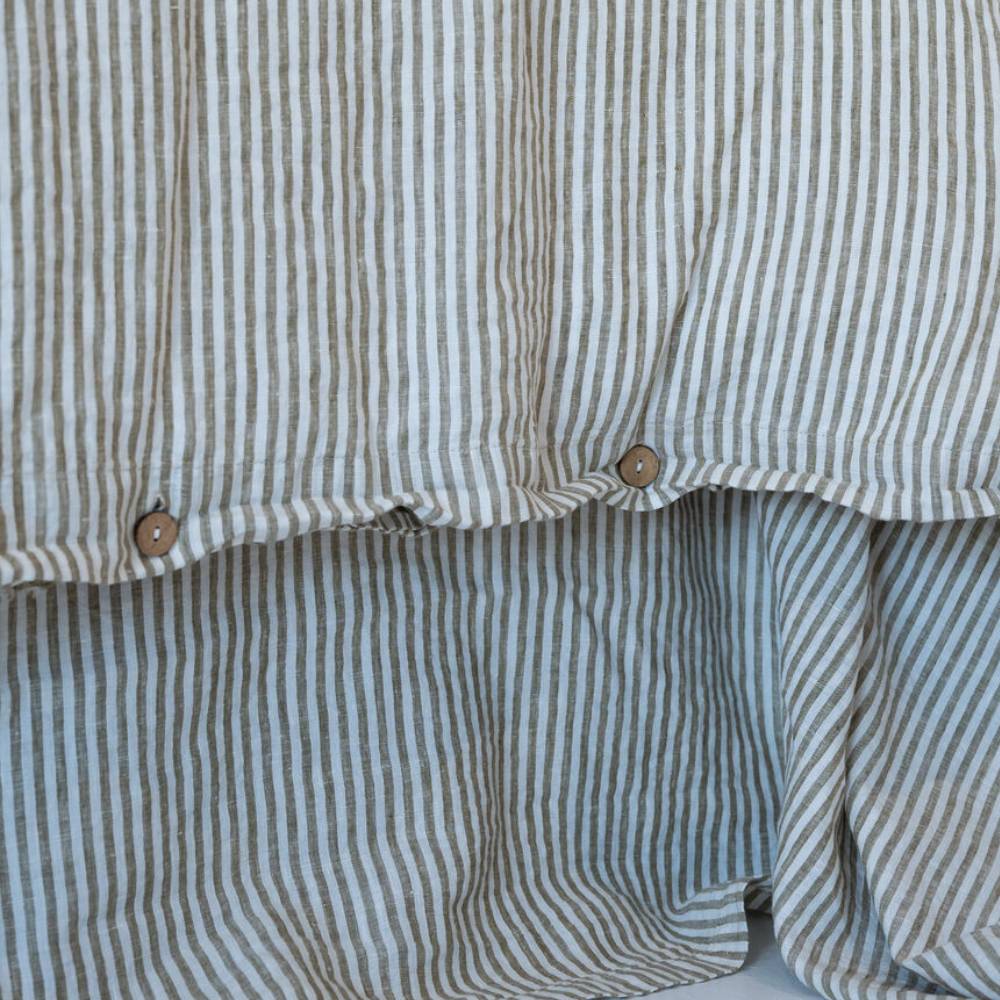 French Linen Duvet Cover w/ Button Closure - Olive Pencil Stripe