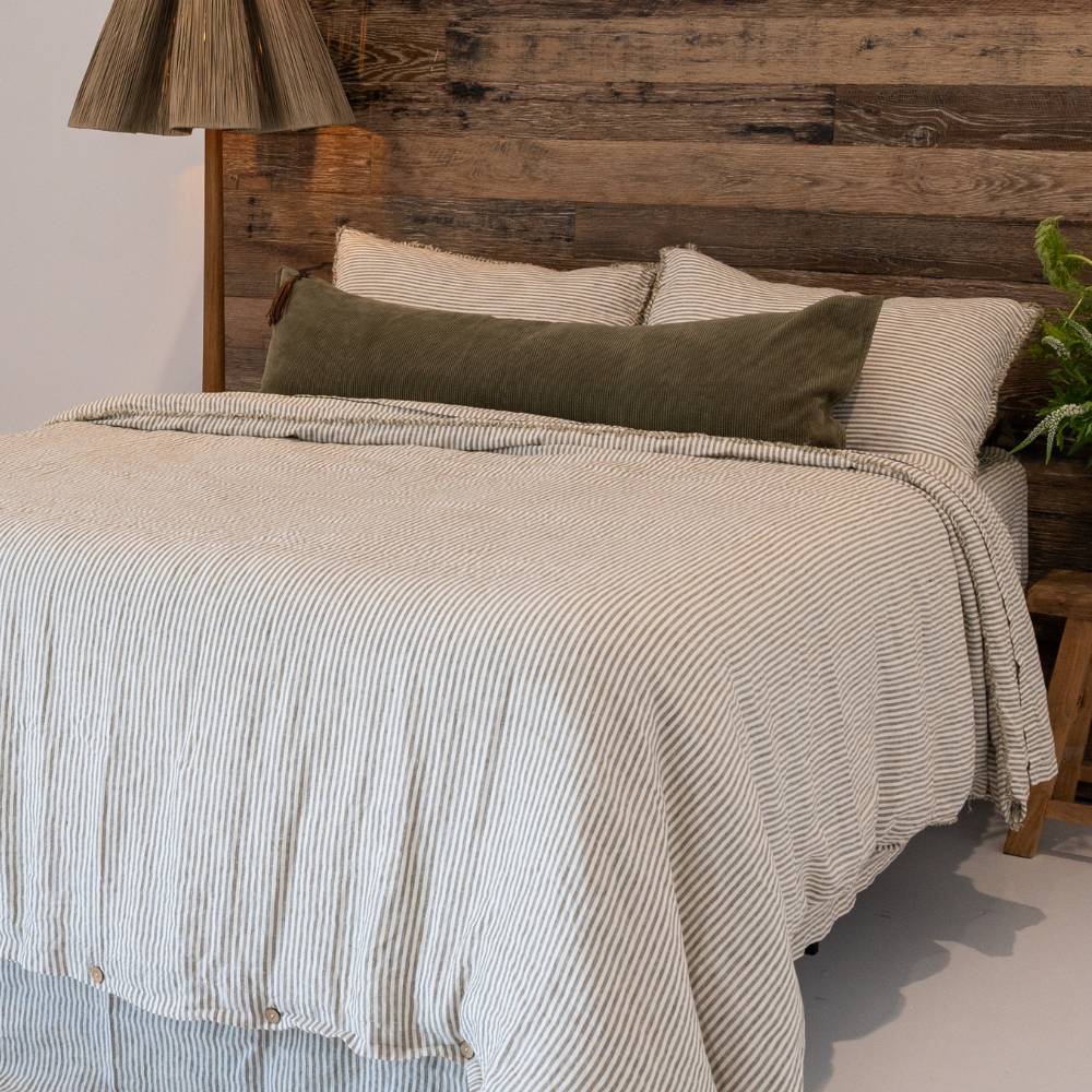 French Linen Duvet Cover w/ Button Closure - Olive Pencil Stripe