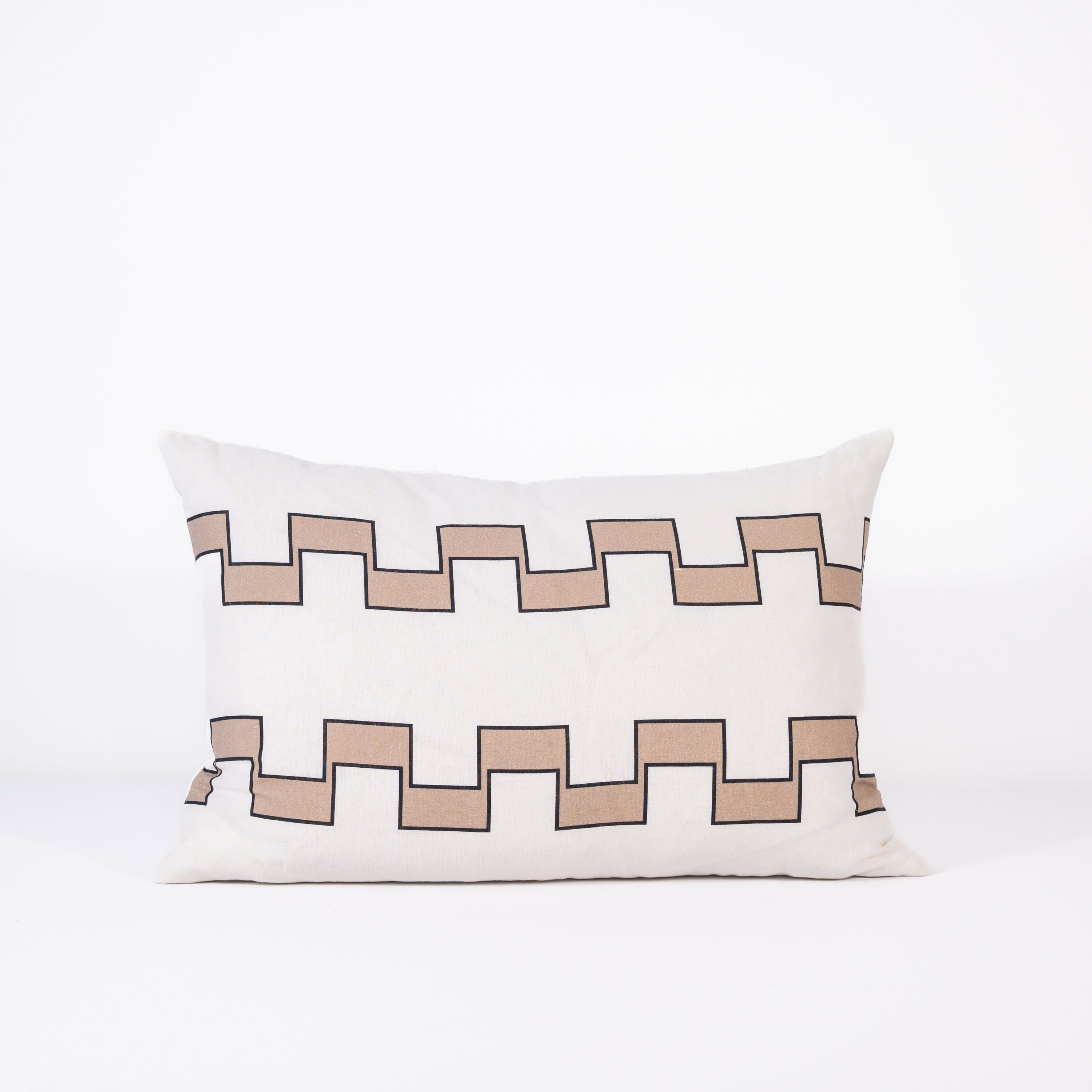 Decorative rectangular pillow with 2 lines of brown geometric pattern on a white background