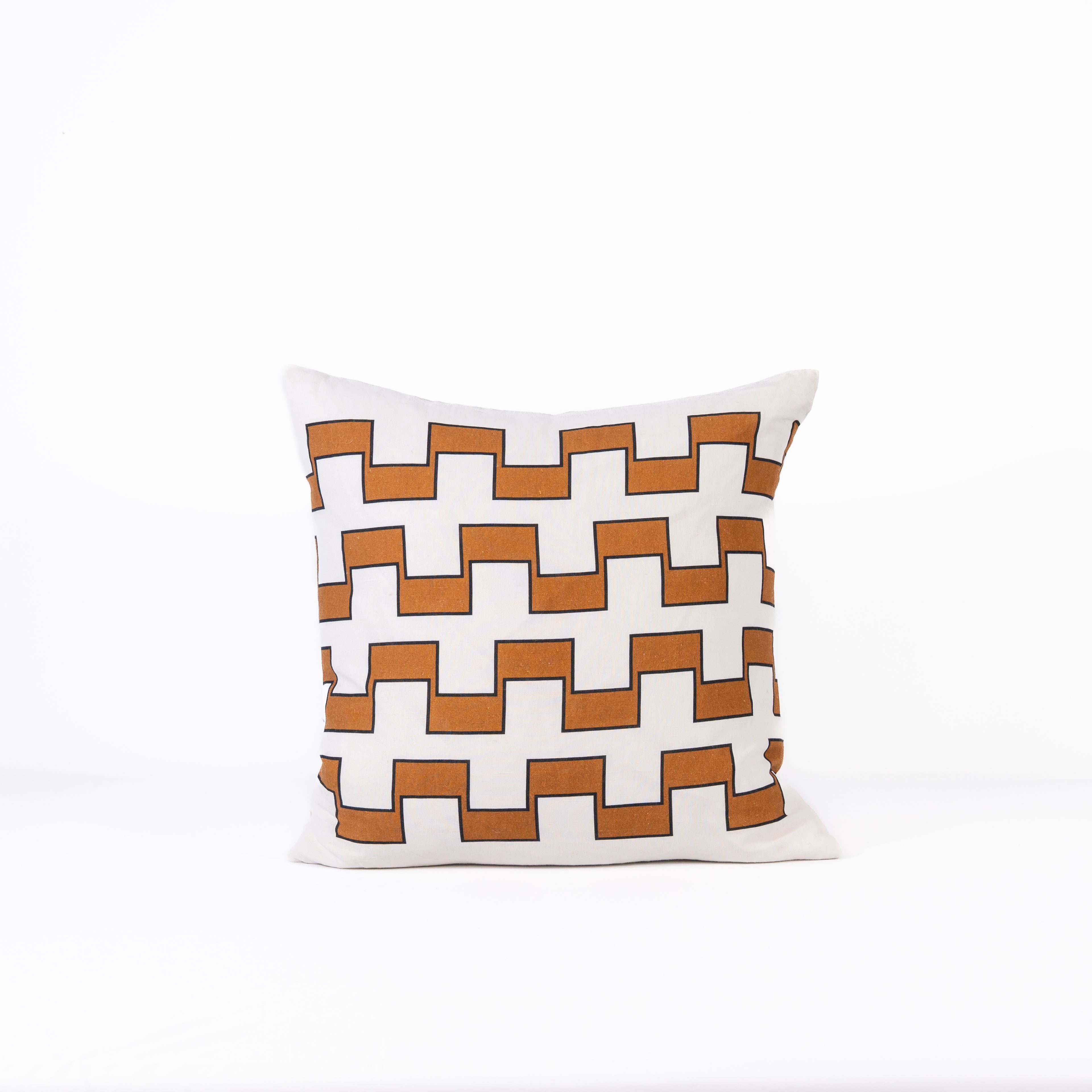 Decorative pillow with 4 lines of brown geometric pattern on a white background
