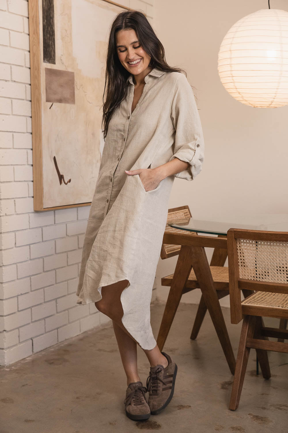 Eadie Lifestyle Linen Shirt Dress in Natural