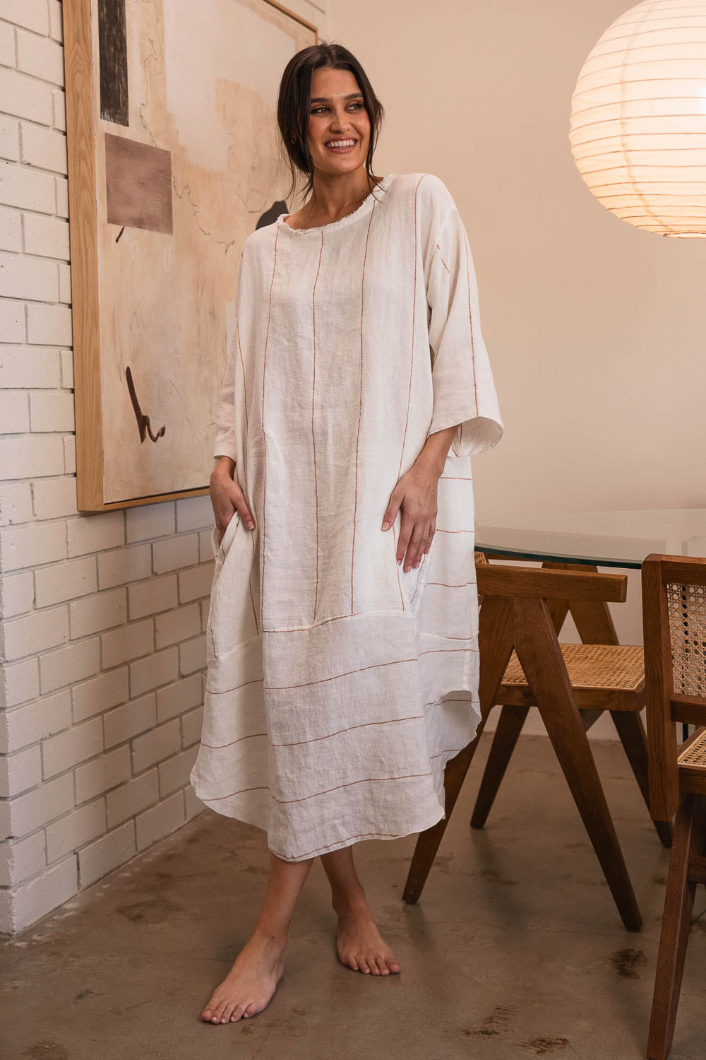 The Carter Malle Linen Dress - Off White w' Nutmeg Fine Stripe Eadie Lifestyle The Carter Malle Linen Dress - Off White w' Nutmeg Fine Stripe Eadie Lifestyle