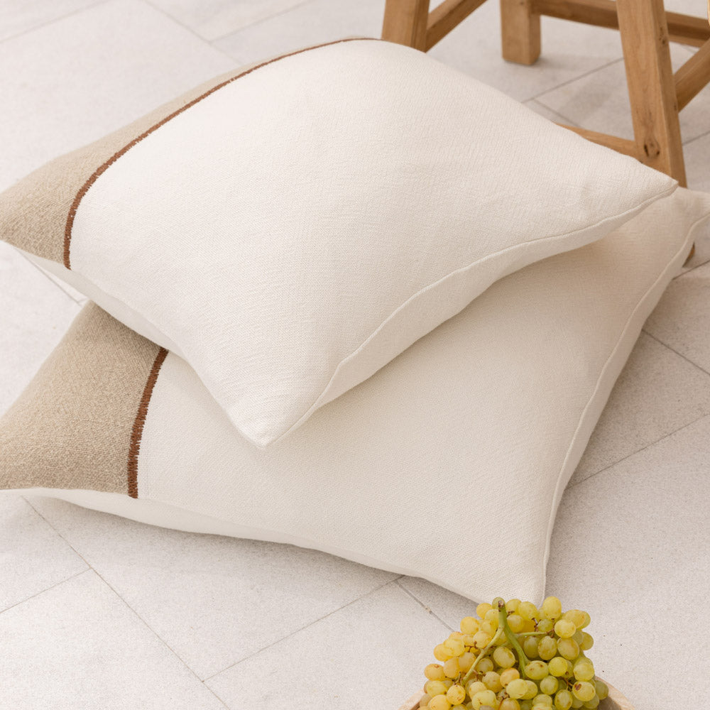 Bella Linen Cushion - Off White/Natural/Chocolate