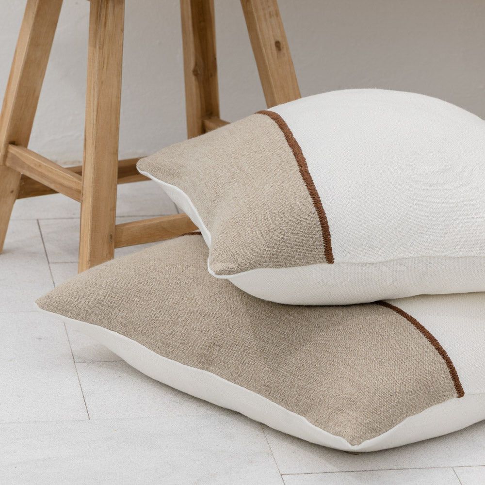 Bella Linen Cushion - Off White/Natural/Chocolate