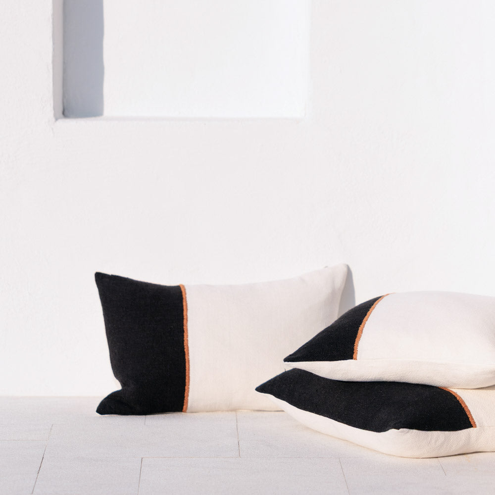 Bella Linen Cushion - Off White/Black/Nutmeg