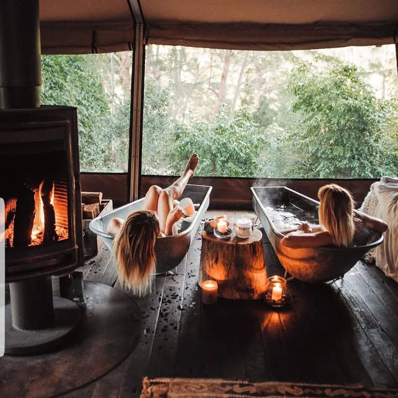 nightfall bathing over the forest with fireplace