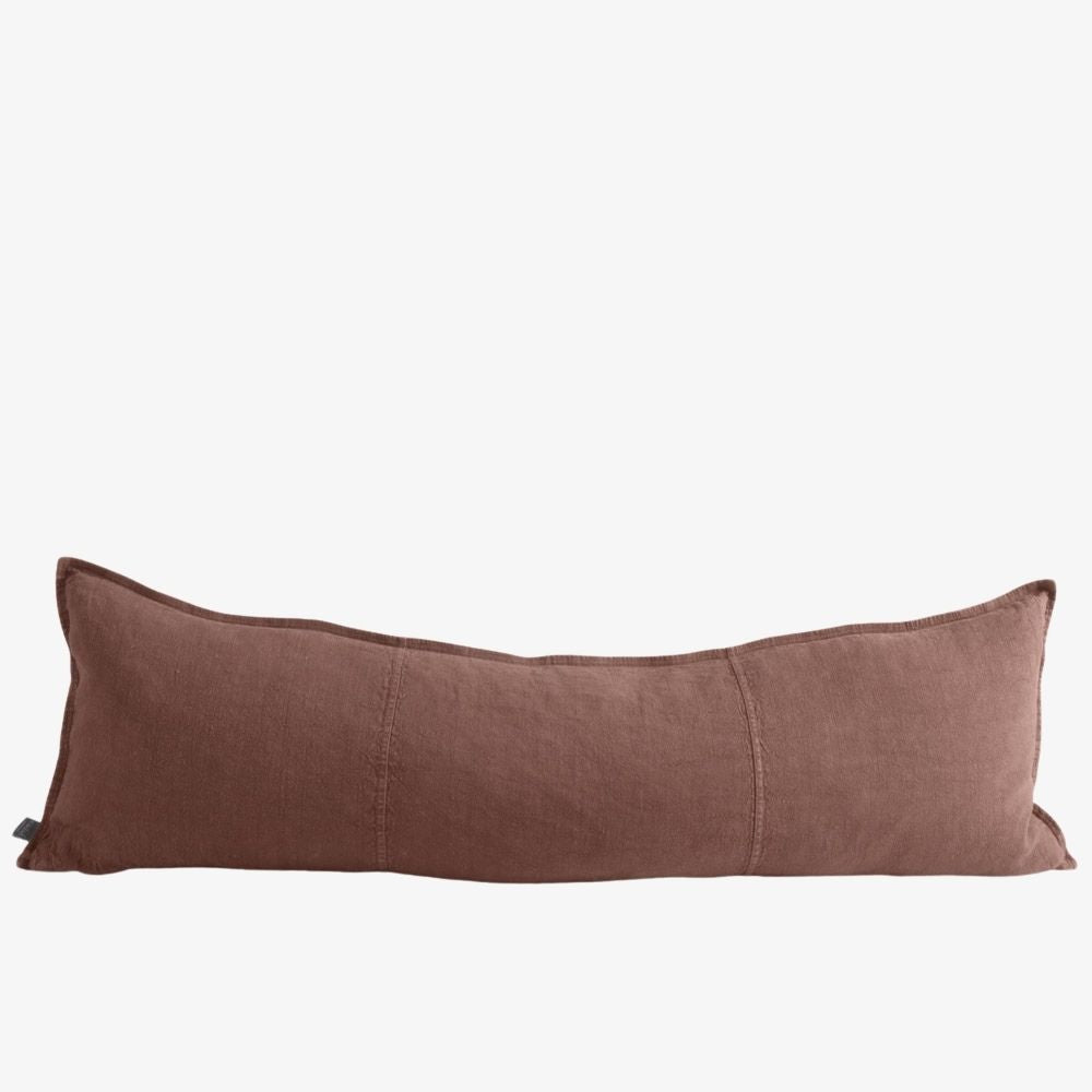 A long rectangular lumbar pillow in a textured brown fabric, shown against a plain white background.