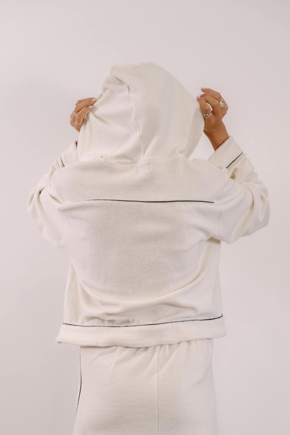 Empire Belled Hoodie - White with Black Piping