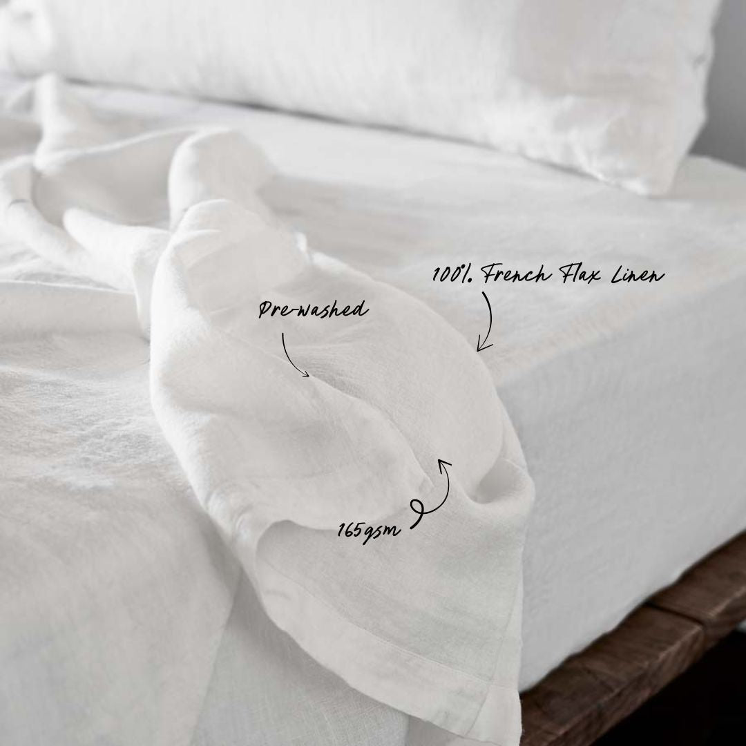 White linen fabric with text indicating &
