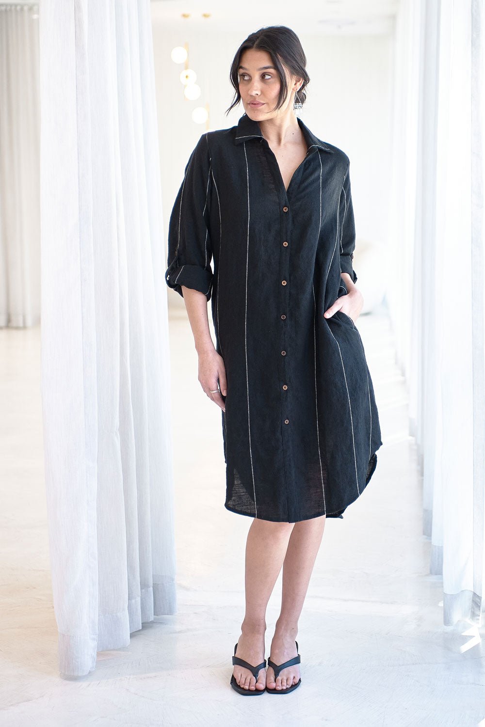 Carter Fundamental Linen Shirt Dress Black w' White Fine Stripe