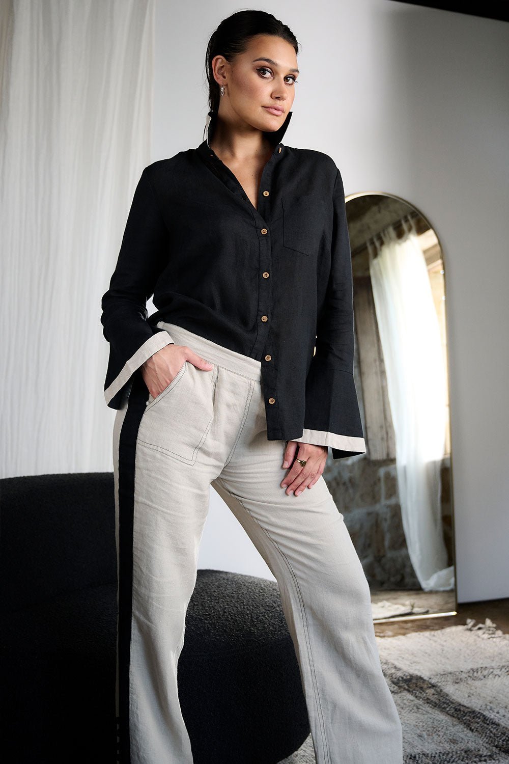 Contraste Linen Shirt - Black - Eadie Lifestyle