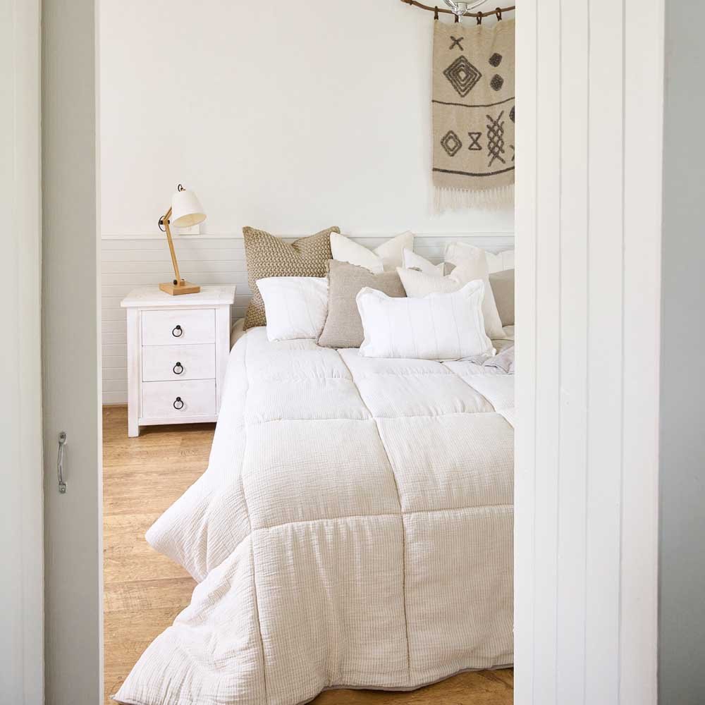 Marina Reversible Quilted Bedcover - White w' Natural Stripe - Eadie Lifestyle