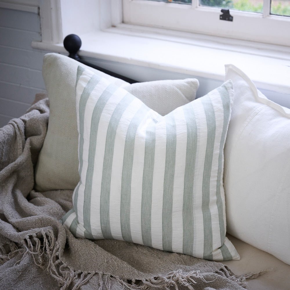 Santi Linen Cushion - White/Pistachio Stripe - Eadie Lifestyle