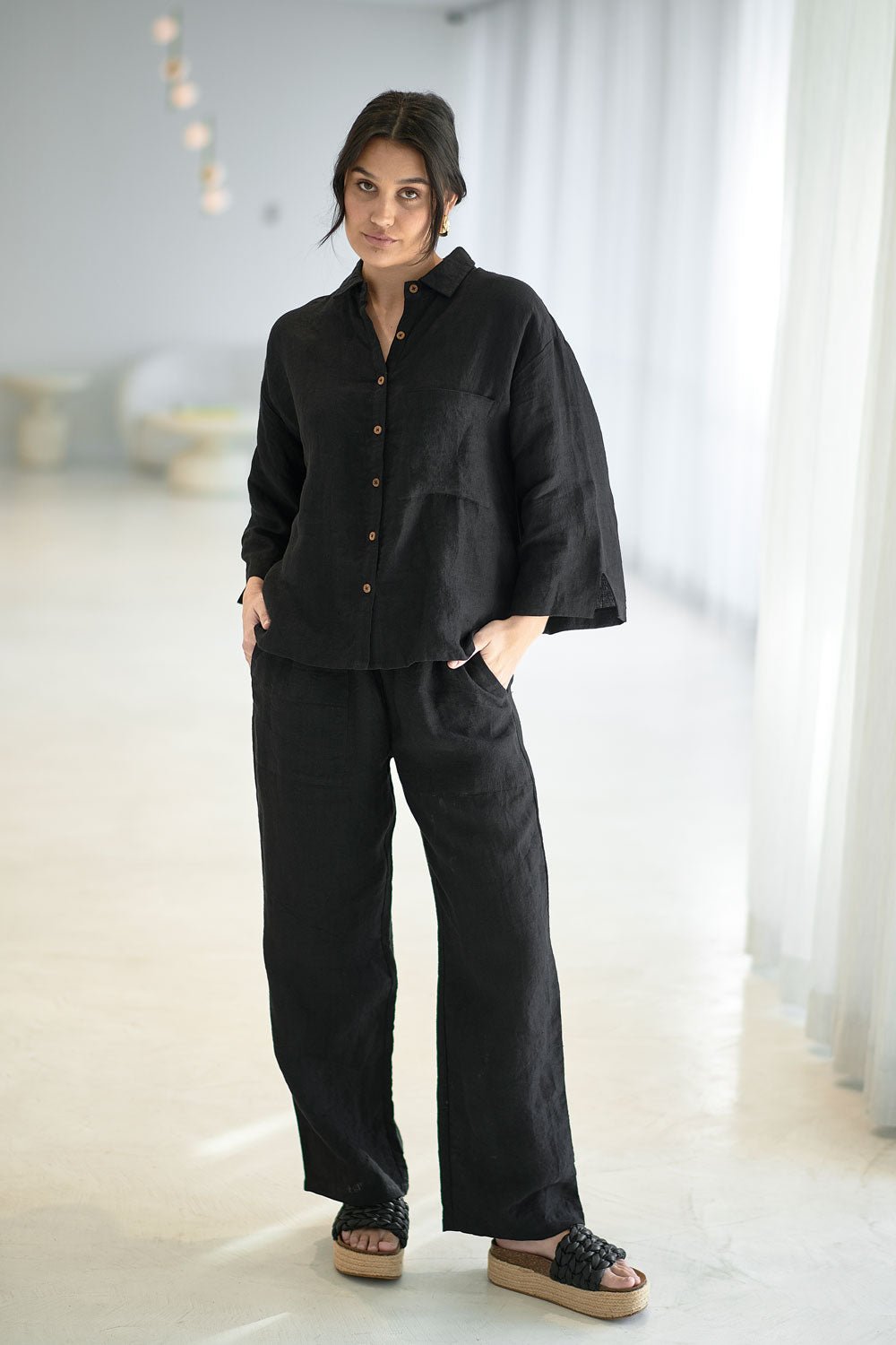 Wide Leg Linen Pant - Black  - Eadie Lifestyle