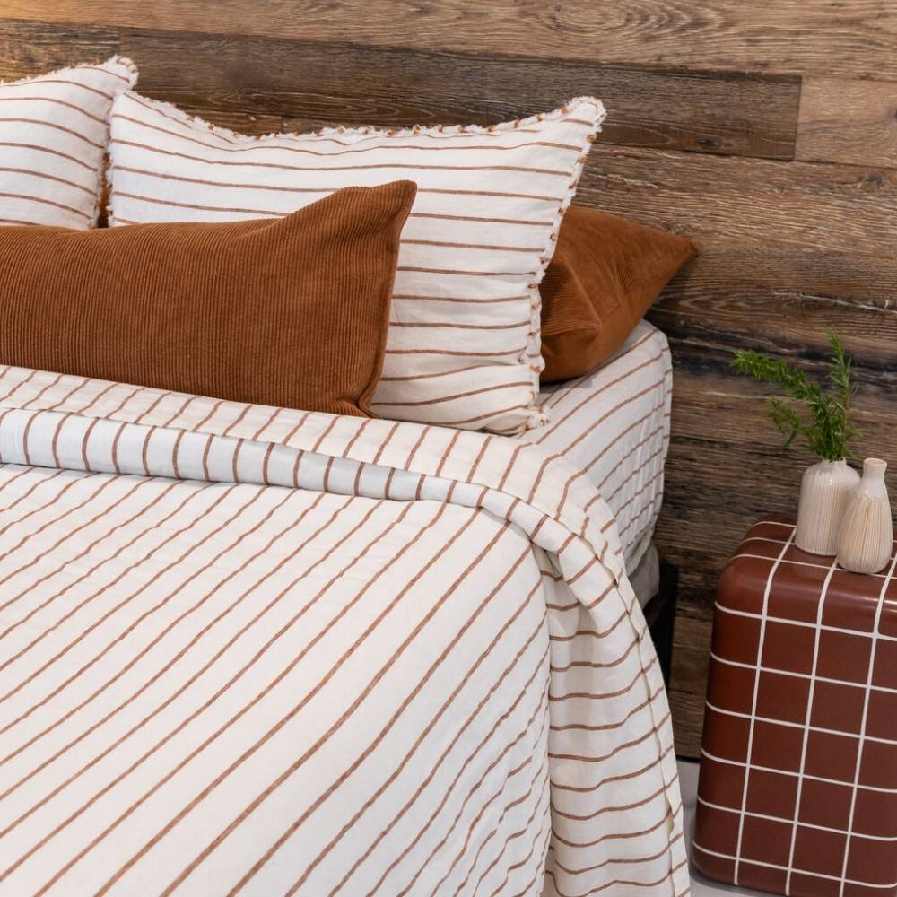 French Linen Duvet Cover w/ Button Closure - Nutmeg Pencil Stripe