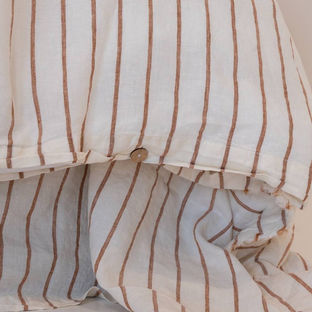 French Linen Duvet Cover w/ Button Closure - Nutmeg Pencil Stripe