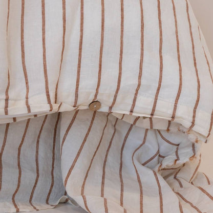 French Linen Duvet Cover w/ Button Closure - Nutmeg Pencil Stripe