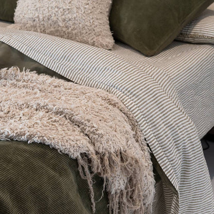 French Linen Fitted Sheet - Olive Pencil Stripe