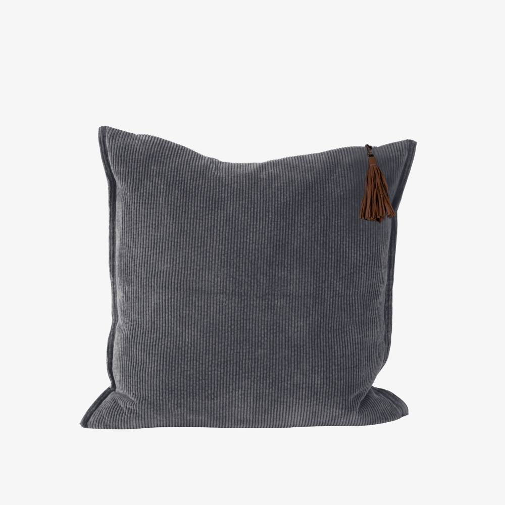 Gray pillow with a brown tassel on a white background