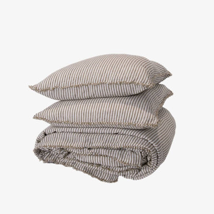 French Linen Duvet Cover w/ Button Closure - Olive Pencil Stripe