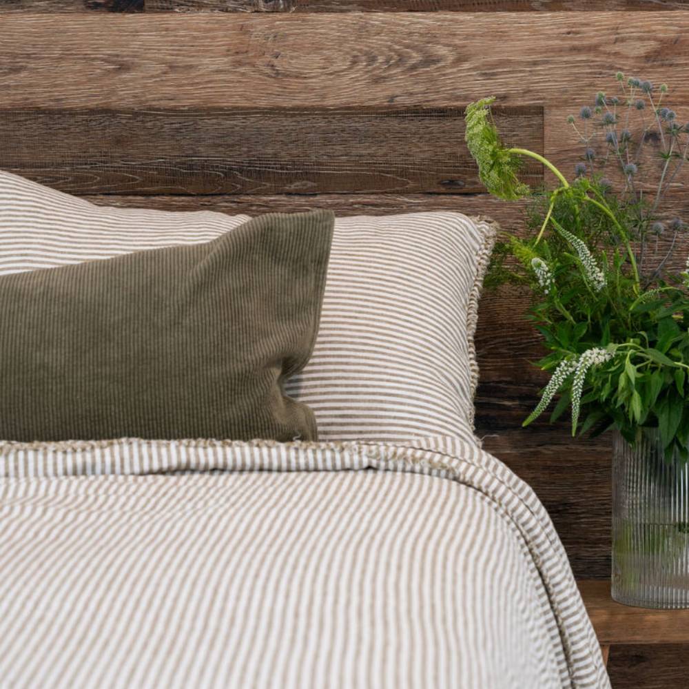 French Linen Duvet Cover w/ Button Closure - Olive Pencil Stripe