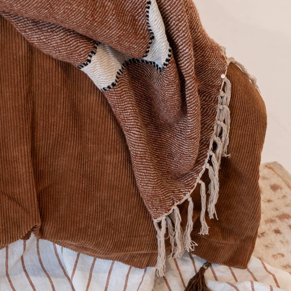 Brown textured blanket with white and black patterns draped over a chair.