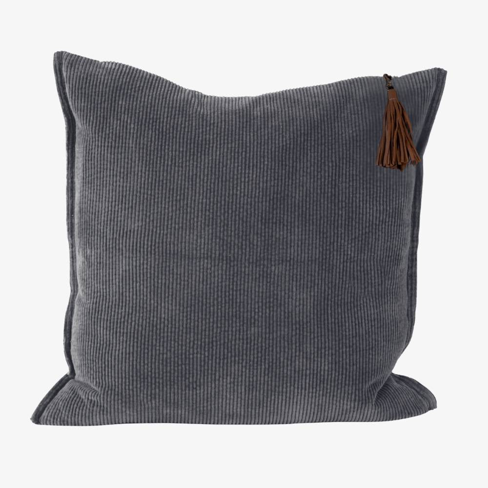 Gray pillow with a brown tassel on a white background
