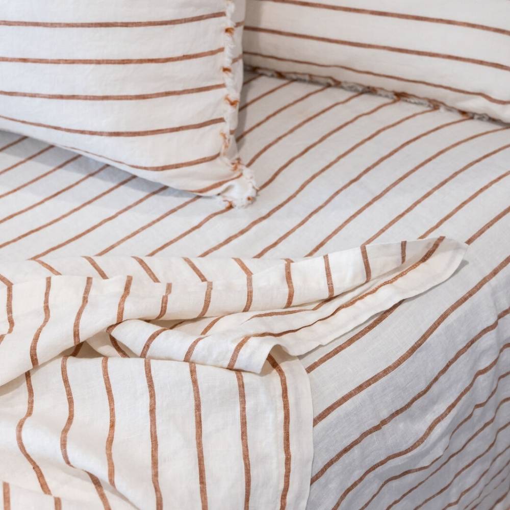 French Linen Fitted Sheet - Nutmeg Pencil Stripe