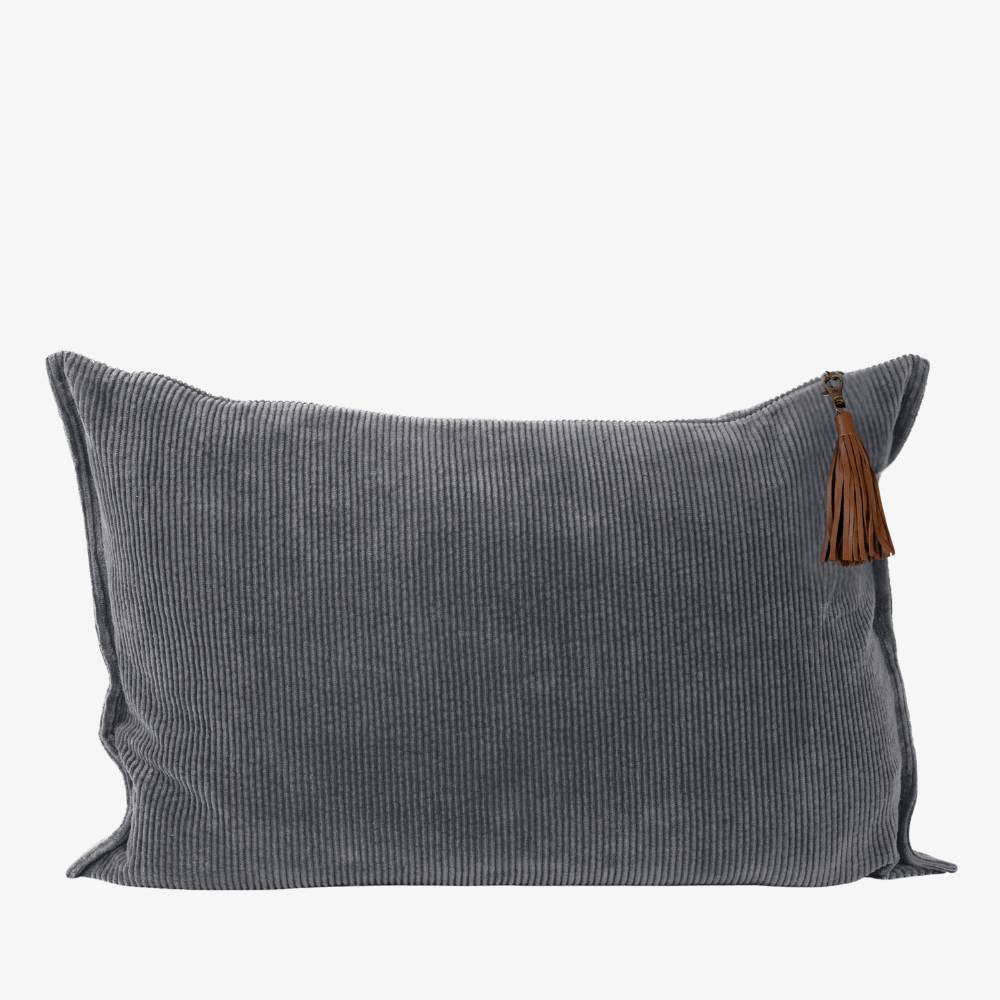 Gray cushion with a brown tassel on a white background