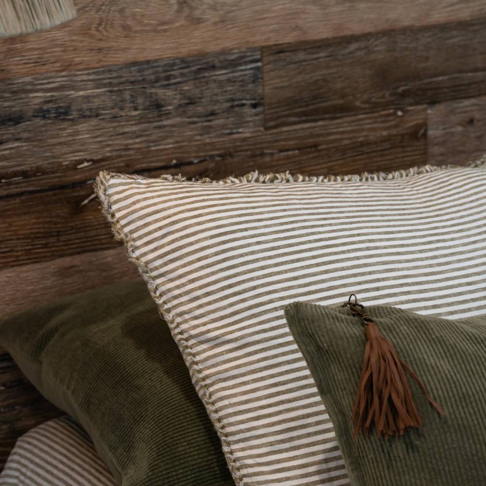 French Linen Pillowcase Set - Olive Pencil Stripe