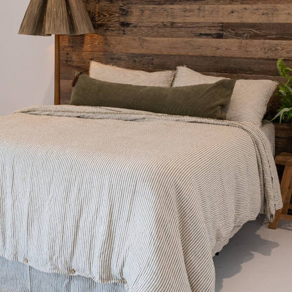 French Linen Duvet Cover w/ Button Closure - Olive Pencil Stripe