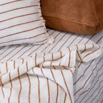 French Linen Flat Sheet - Nutmeg Pencil Stripe