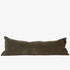 Long brown pillow with a tufted design on a white background