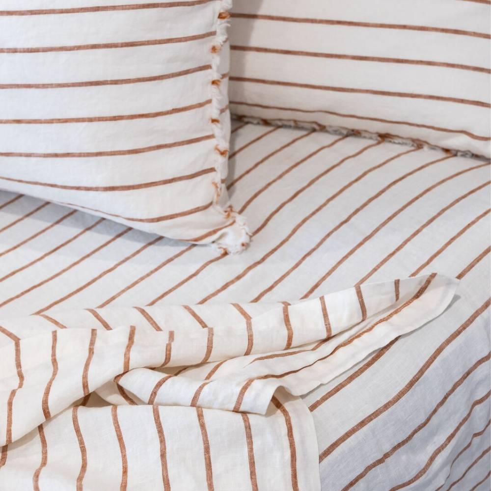 French Linen Flat Sheet - Nutmeg Pencil Stripe