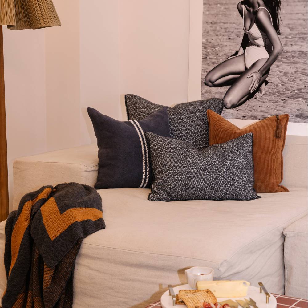 Decorative pillows on a sofa with a lamp and framed picture in the background