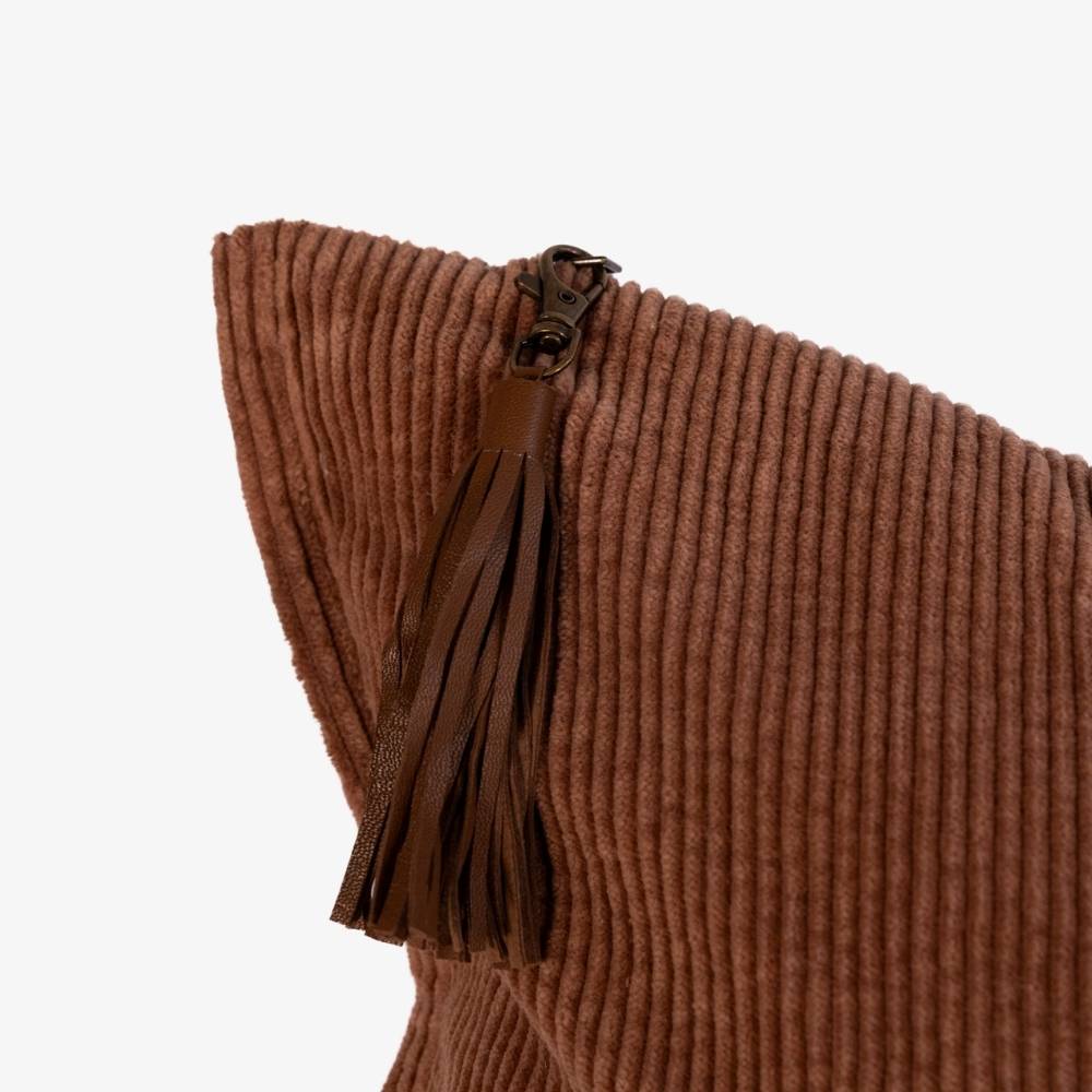 Brown ribbed sweater with a zipper and tassel on a white background