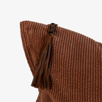 Brown ribbed sweater with a zipper and tassel on a white background