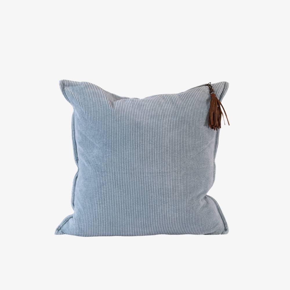 Blue striped pillow with a tassel on a white background