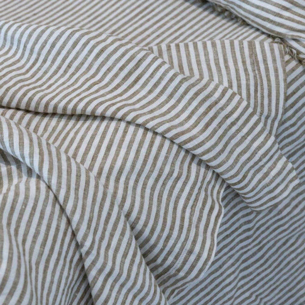French Linen Fitted Sheet - Olive Pencil Stripe