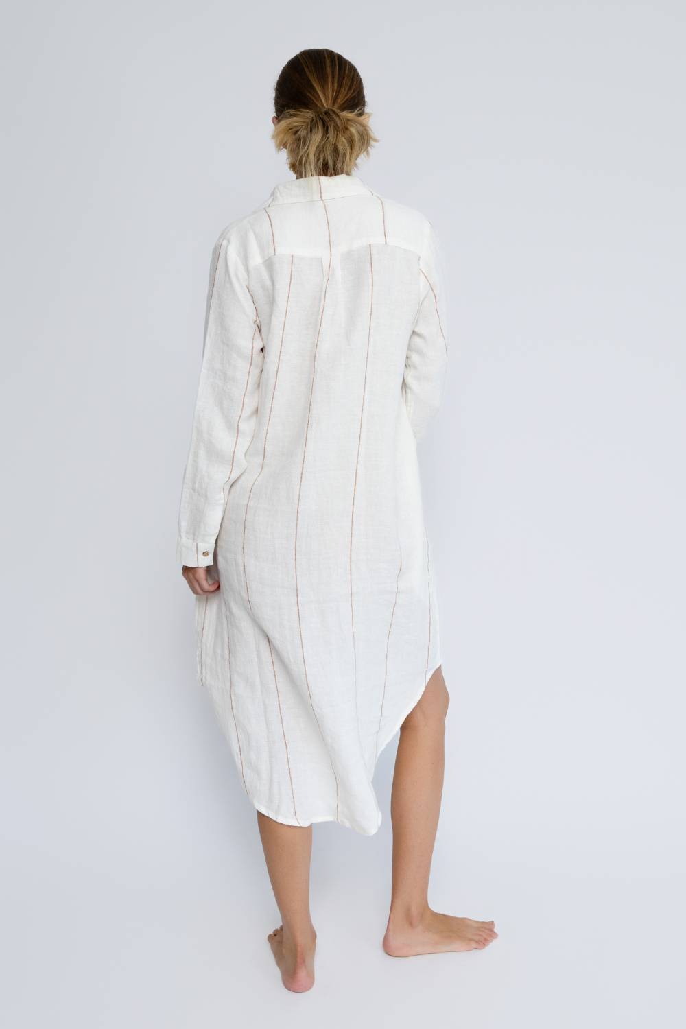 Carter Fundamental Linen Shirt Dress - Off White w' Nutmeg Fine Stripe Eadie Lifestyle Carter Fundamental Linen Shirt Dress - Off White w' Nutmeg Fine Stripe Eadie Lifestyle