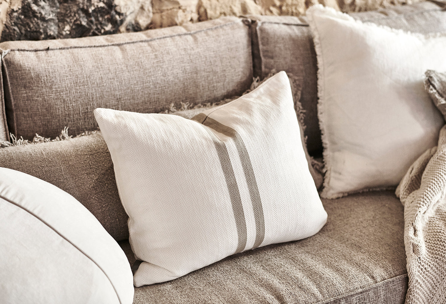 classic striped cushion in white and natural