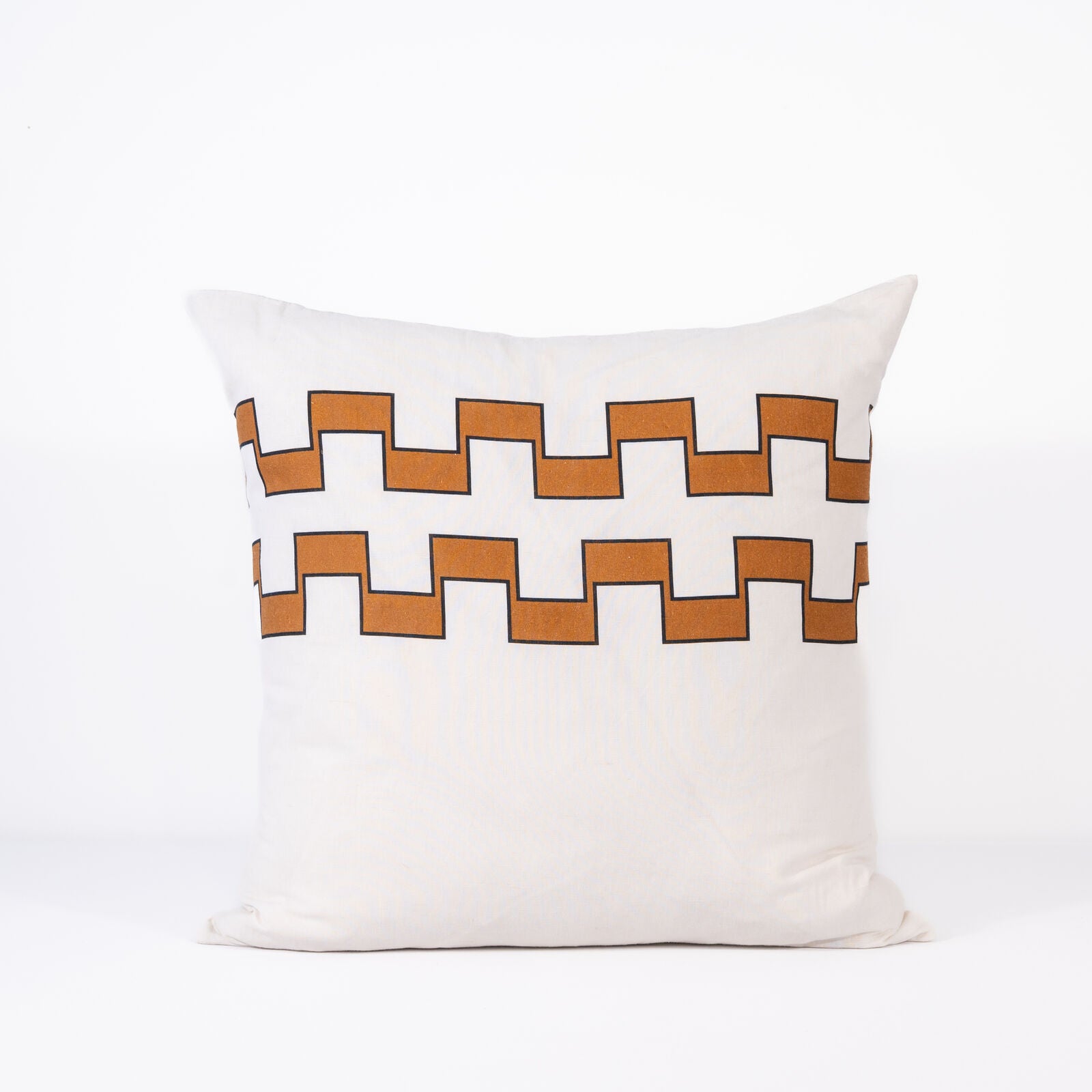 Decorative pillow with 2 lines of brown geometric pattern on a white background