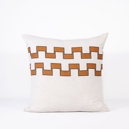 Decorative pillow with 2 lines of brown geometric pattern on a white background
