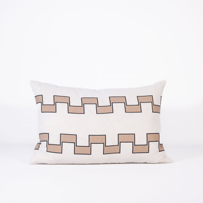 Decorative rectangular pillow with 2 lines of brown geometric pattern on a white background
