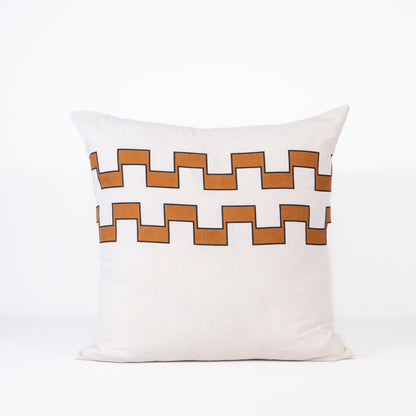 Decorative pillow with 2 lines of brown geometric pattern on a white background