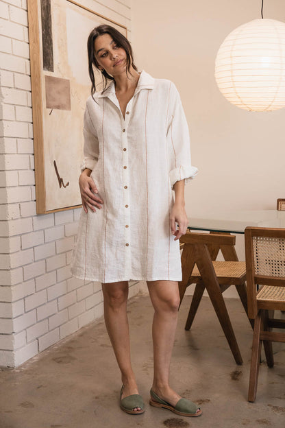 Carter Fundamental Linen Shift Dress - Off White w&