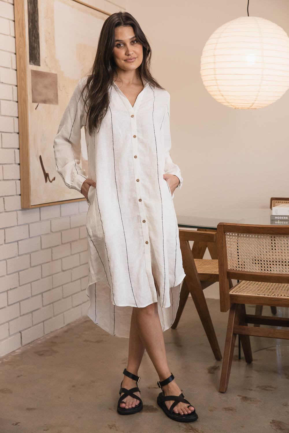 Carter Fundamental Linen Shirt Dress Off White w Charcoal Stripe Eadie Lifestyle