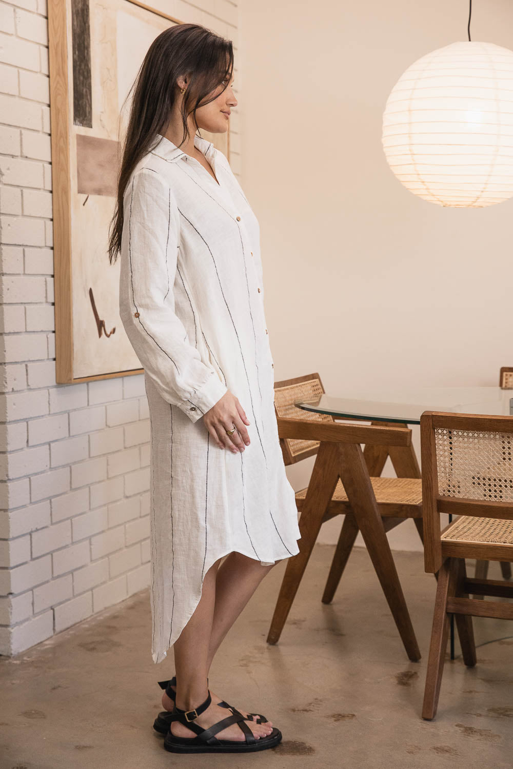 Eadie Lifestyle Linen Shirt Dress in Off White with Charcoal Stripe