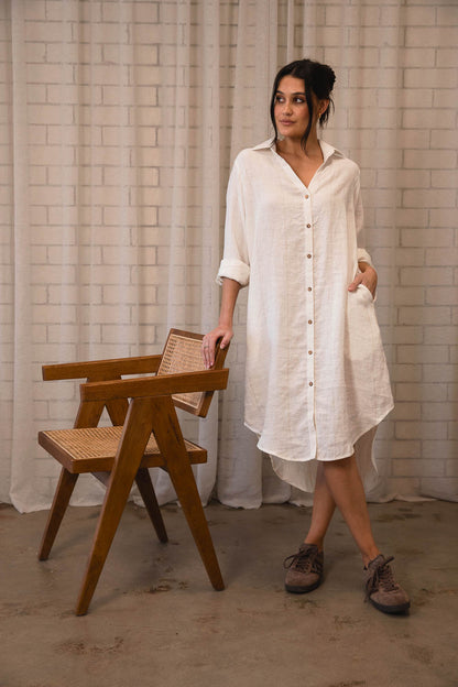 Carter Fundamental Linen Shirt Dress - Off White w&